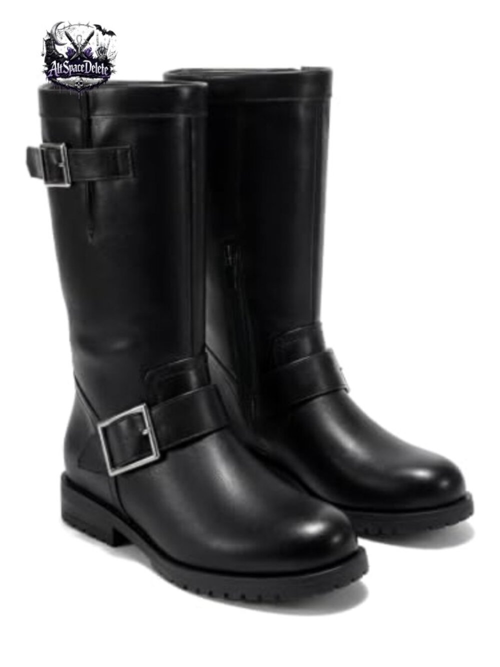 Mid Calf Combat Boots Low Heel Faux Leather Zipper Moto Biker Boots